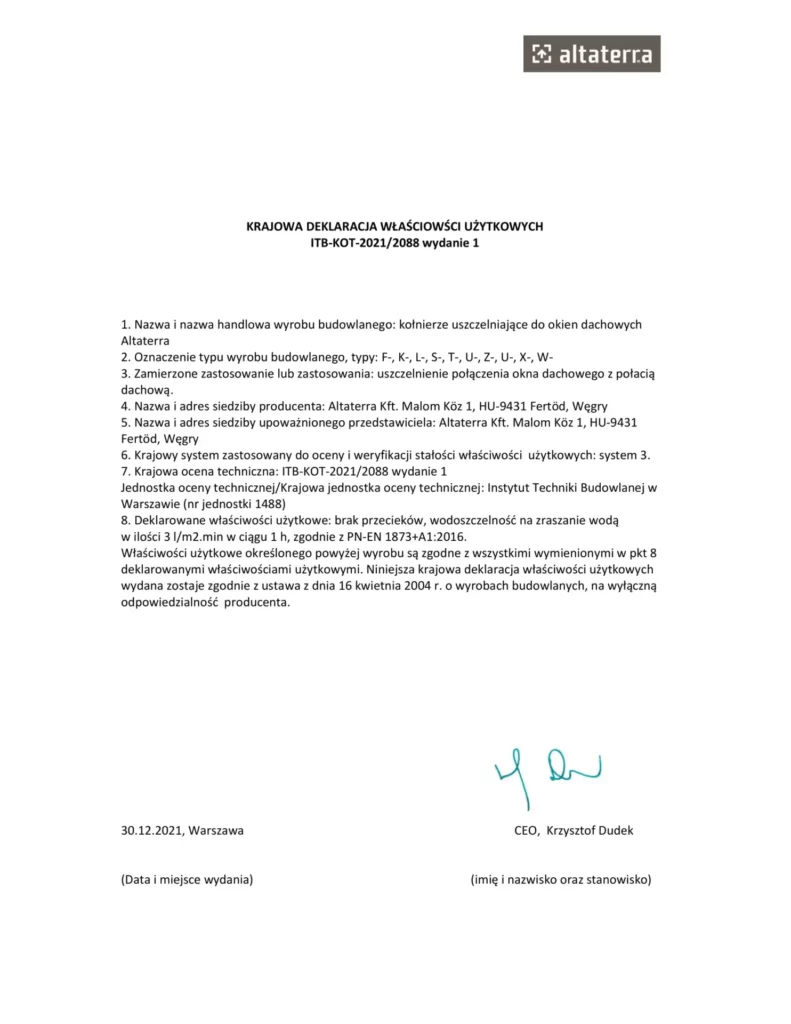 Altaterra Krajowa Deklaracja Wlasciwosci Uzytkowych Kolnierze 1