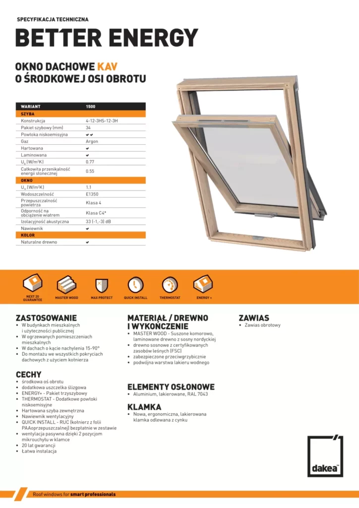 Karta techniczna okno dachowe obrotowe dakea better energy KAV B 1500 PL 1