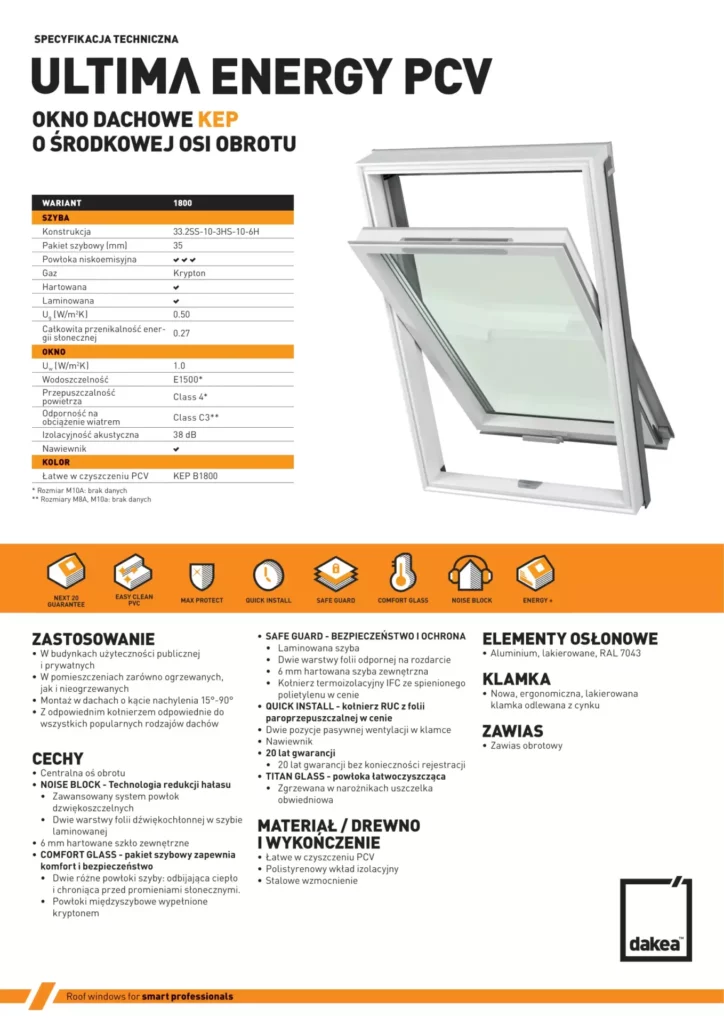 Karta techniczna okno dachowe obrotowe dakea ultima pcv pvc KEP B1800 PL 1