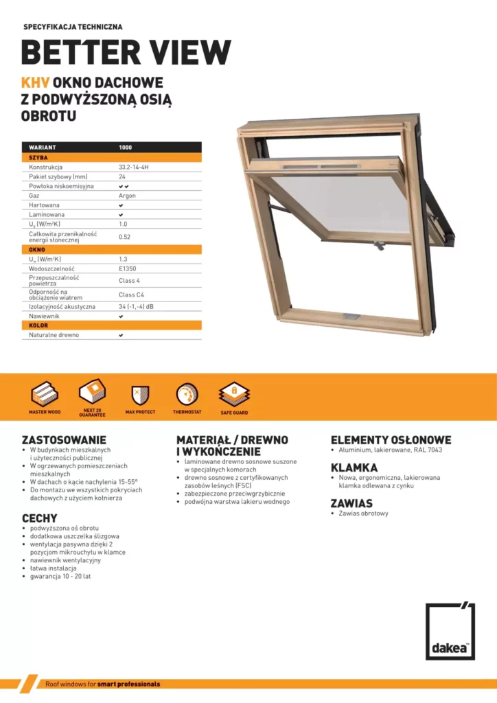 Karta techniczna okno dachowe wysokoosiowe dakea better view KHV B1000 PL 1