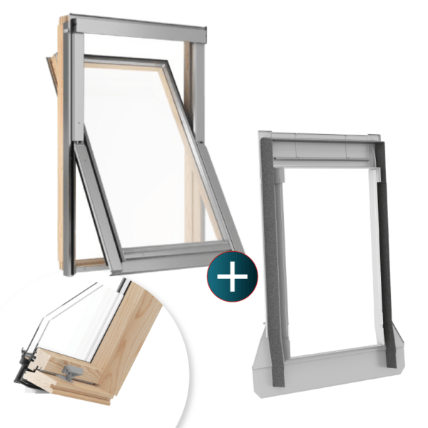 Okno dachowe RoofLITE+ drewniane 55x98 + kołnierz do dachówki płaskiej FTX