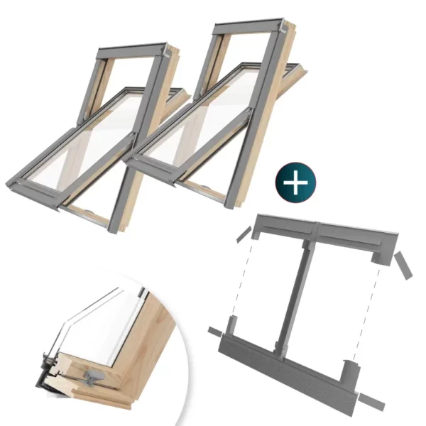 2 x Okno dachowe RoofLITE+ drewniane 66x118 + kołnierz zespolony SSC